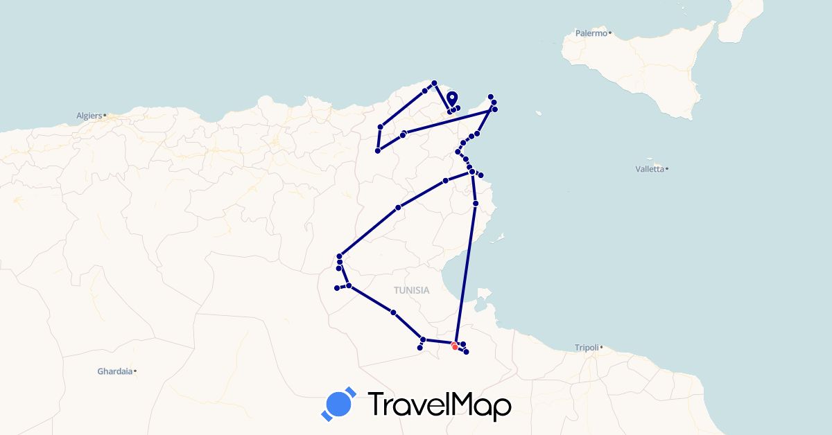 TravelMap itinerary: driving, hiking in Tunisia (Africa)